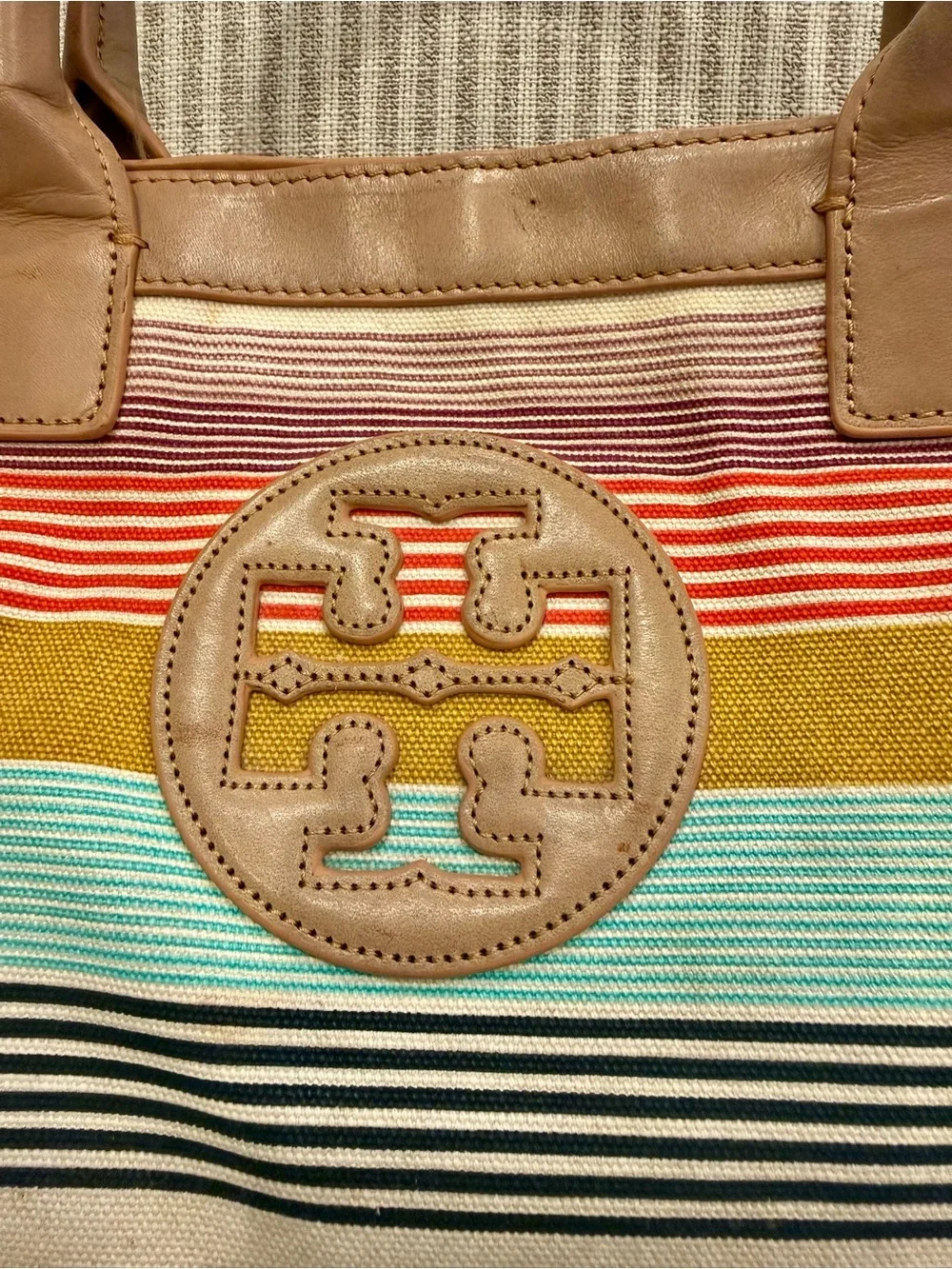 Tory Burch Ella Multi-Stripe Canvas Tote Leather Trim Large Shoulder Bag